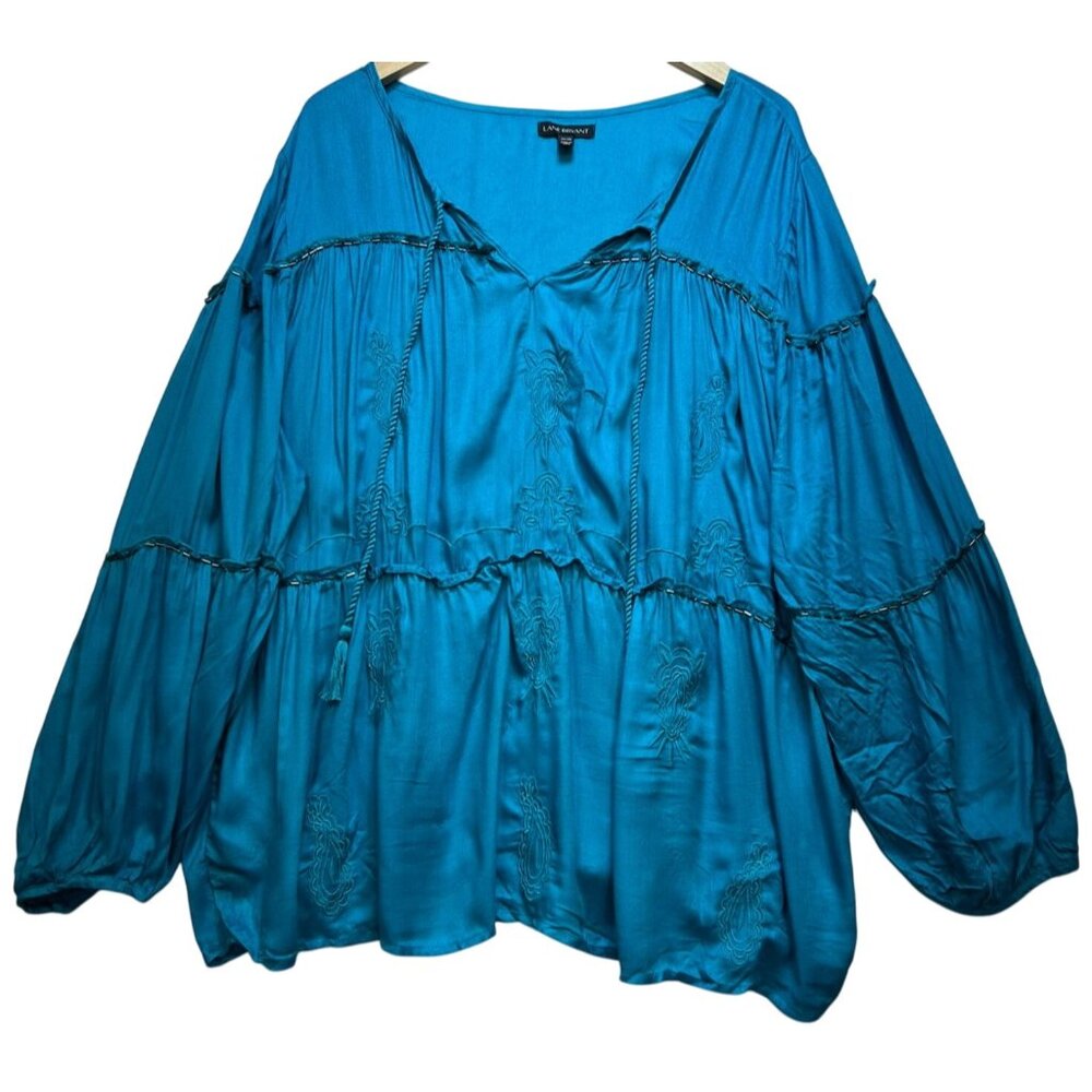 Lane Bryant Womens Boho Peasant Tunic Blouse Size 26/28 Teal Blue Tie Neck